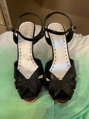 BCBG Black Peep-Toe Ankle Strap Heels
